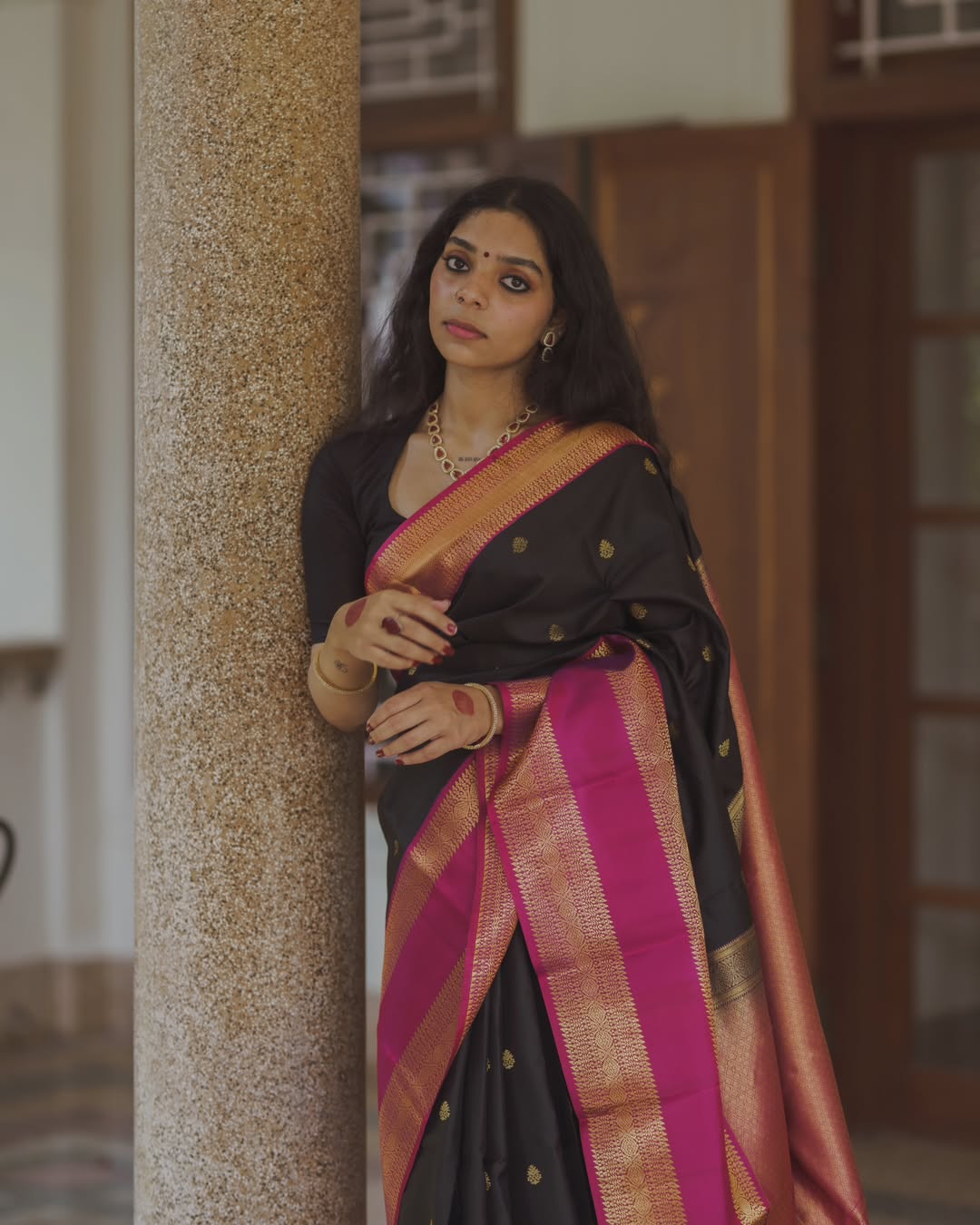Party Wear Black Banarasi Soft Silk Saree With Blouse Piece