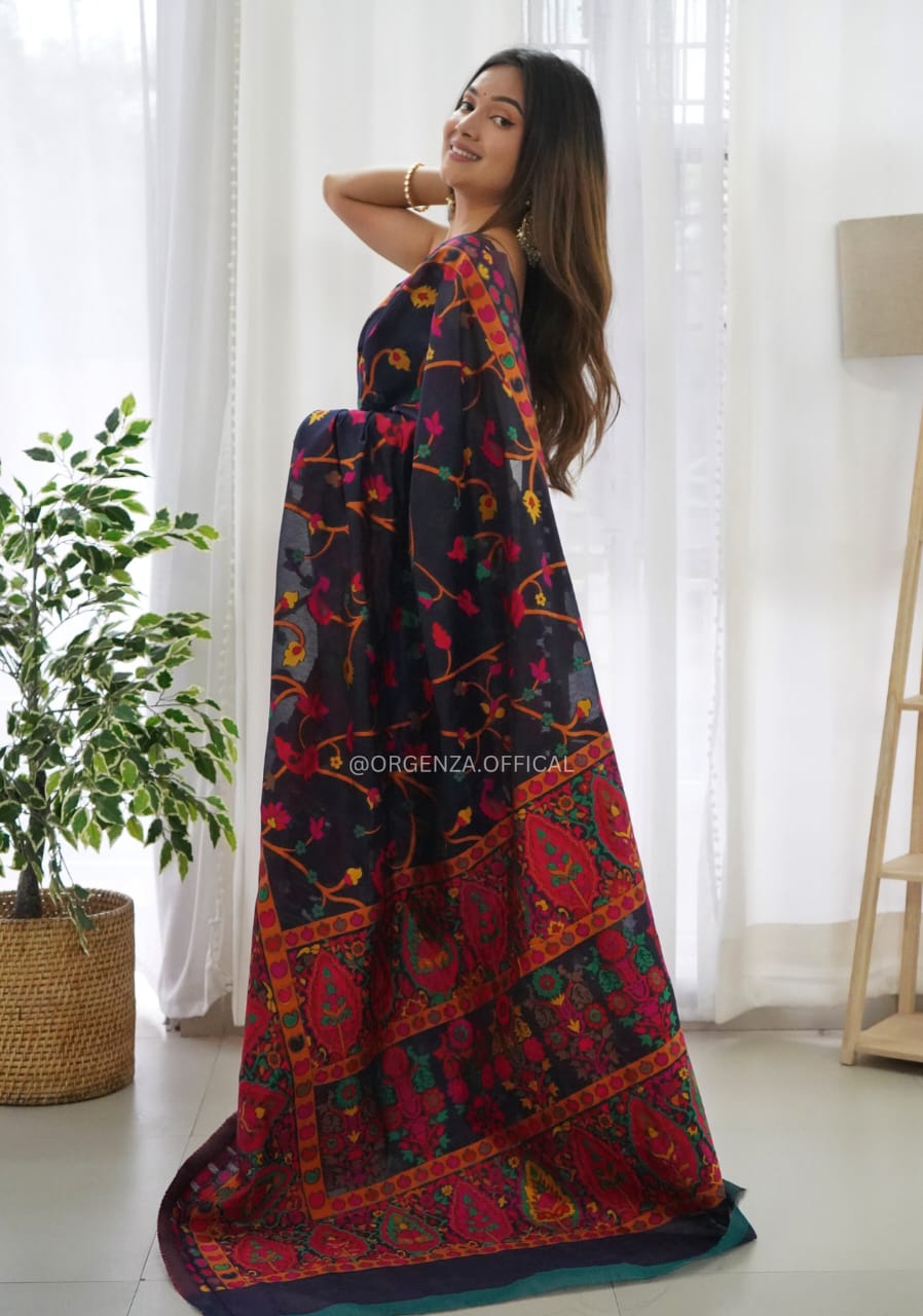 Kashmiri Weaving Multi Color Thred Weaving Pashmina Silk Saree