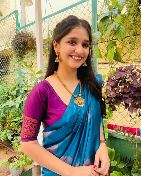Beautiful Sky BLue Soft Silk Saree With Blouse Piece