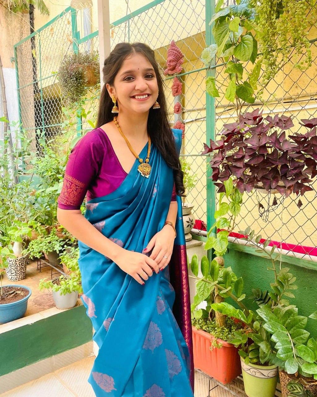 Beautiful Sky BLue Soft Silk Saree With Blouse Piece