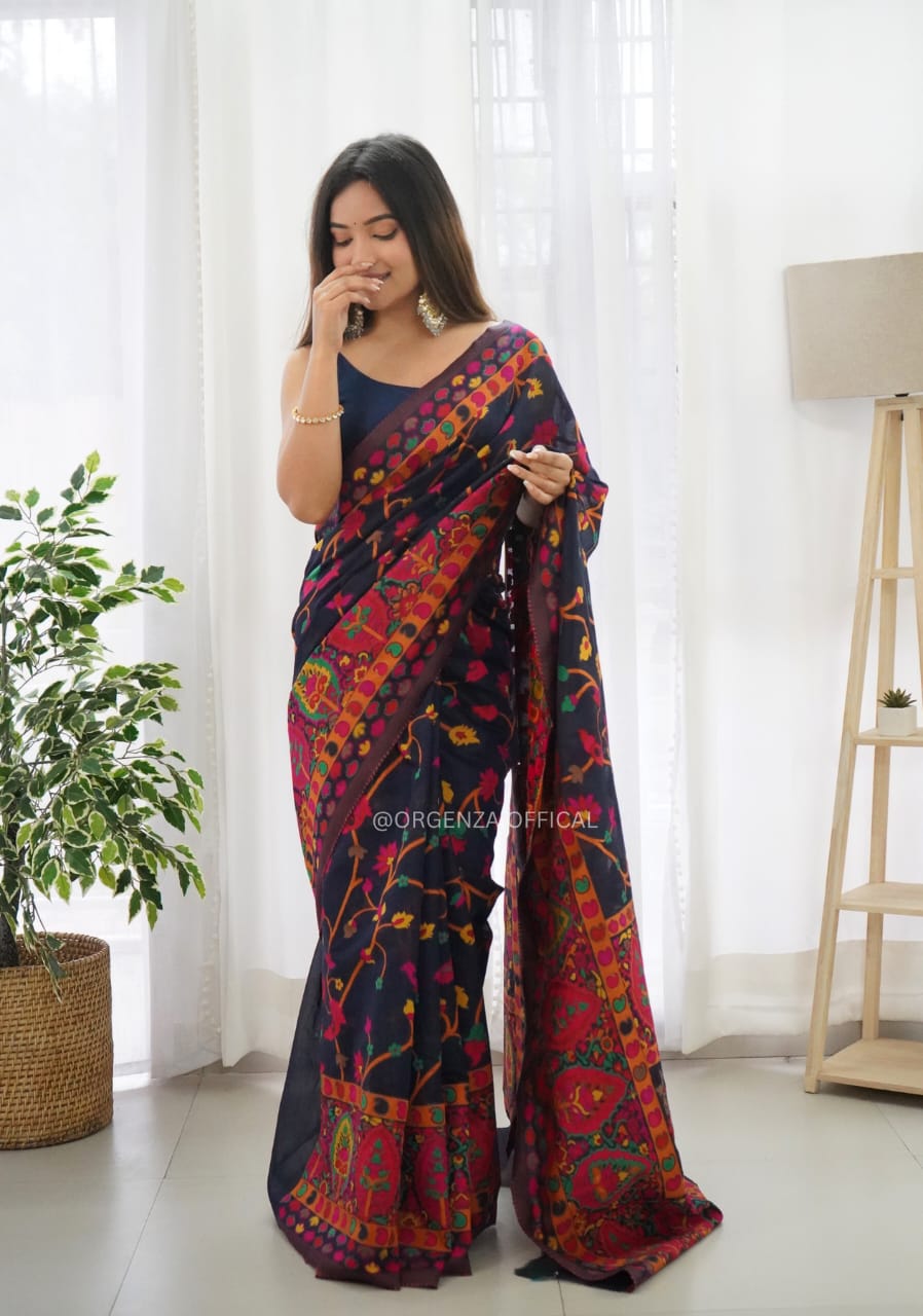 Kashmiri Weaving Multi Color Thred Weaving Pashmina Silk Saree
