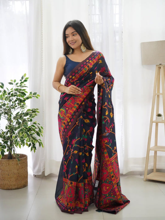 Kashmiri Weaving Multi Color Thred Weaving Pashmina Silk Saree