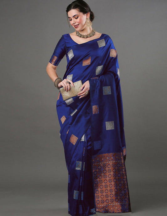 Simple Blue Soft Banarasi Silk Saree With Blouse Piece