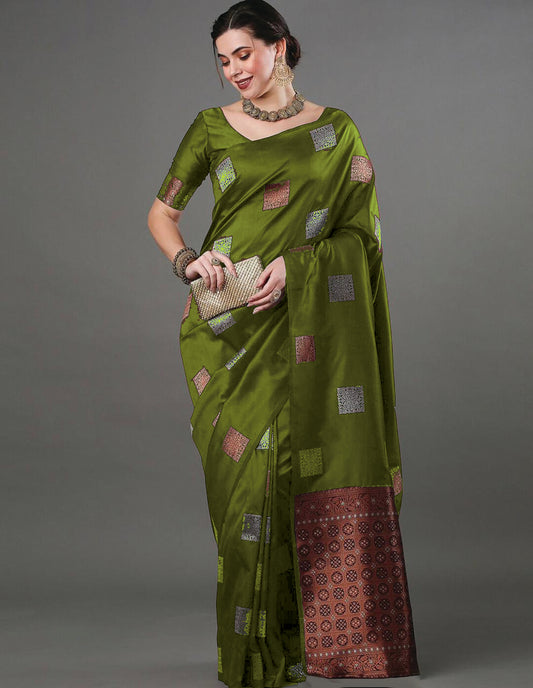 Simple Mehndi Soft Banarasi Silk Saree With Blouse Piece