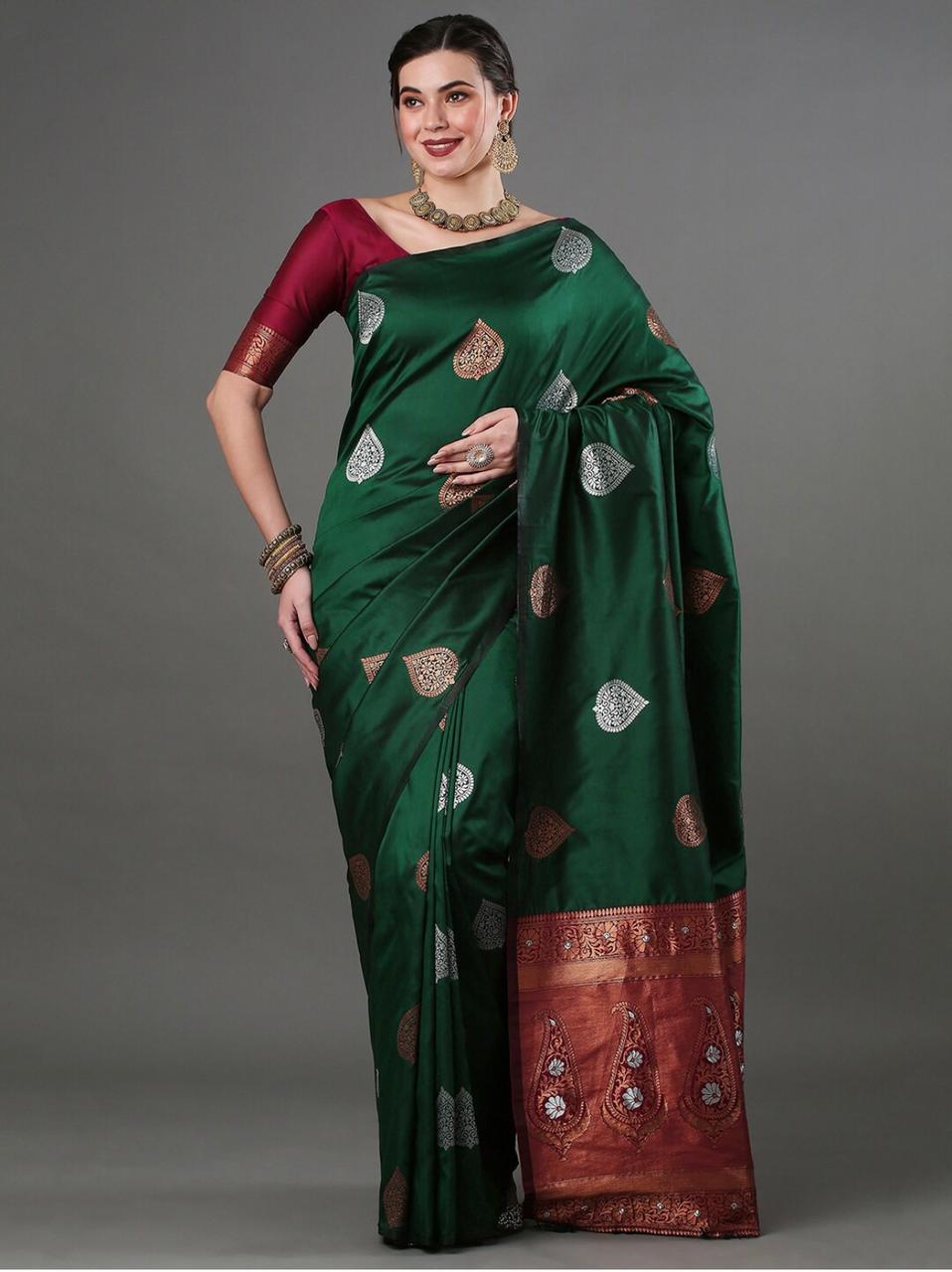 OutStanding Green And Red Soft Banarasi Silk Saree With Blouse Piece