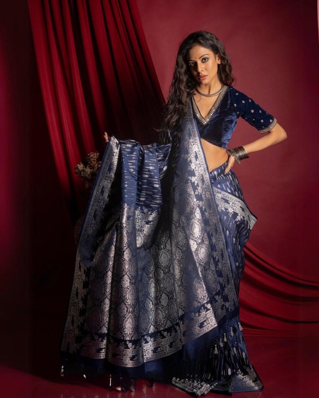 Blue Color Banarasi Soft Silk Saree With Blouse Piece