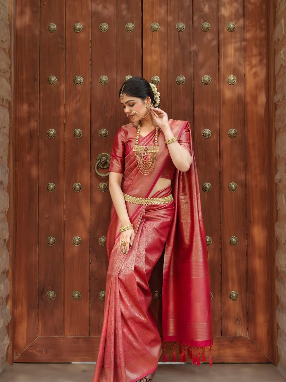Attractive Red Color Banarasi Soft Silk Saree With Blouse Piece