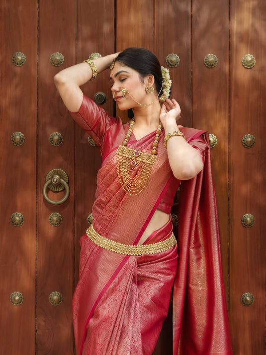 Attractive Red Color Banarasi Soft Silk Saree With Blouse Piece