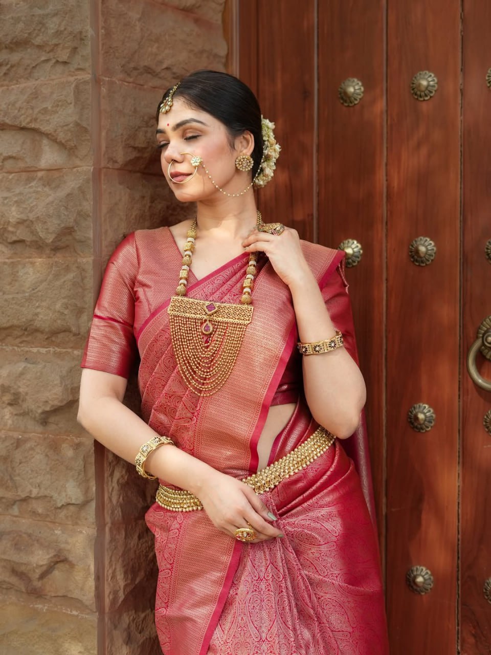 Attractive Red Color Banarasi Soft Silk Saree With Blouse Piece