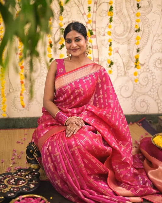 Best Seling Pink Color Banarasi Soft Silk Saree With Blouse Piece