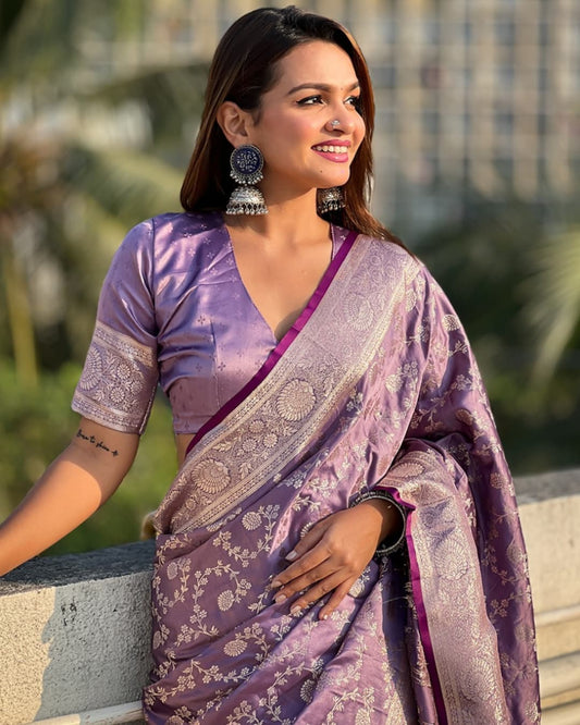 Inspiring Lavender Banarasi Soft Silk Saree With Blouse Piece
