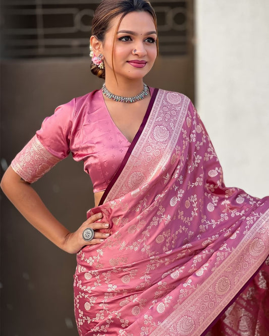 Inspiring Pink Banarasi Soft Silk Saree With Blouse Piece
