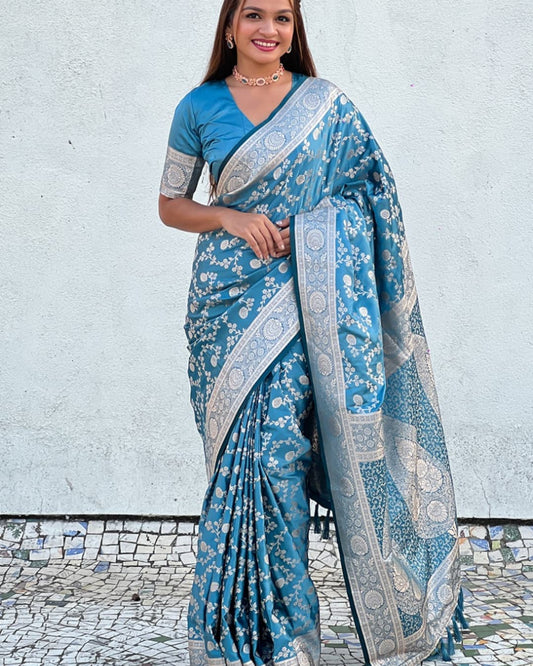 Inspiring Sky Banarasi Soft Silk Saree With Blouse Piece