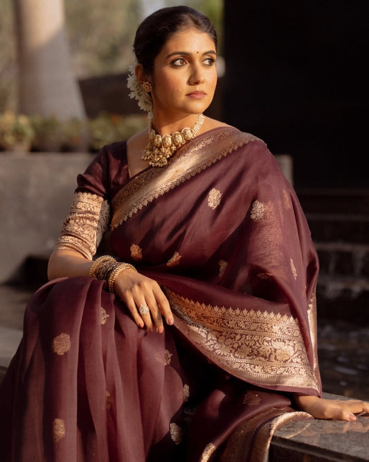 Surpassing Brown Banarasi Soft Silk Saree With Blouse Piece