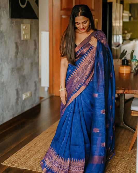 Adorable Blue Cotton Silk Saree With Blouse Piece