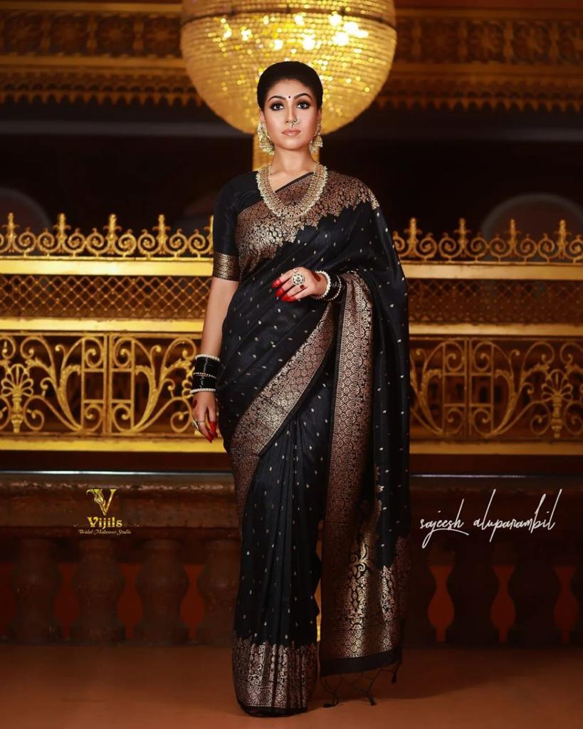 Black Color Banarasi Soft Silk Saree With Blouse Piece