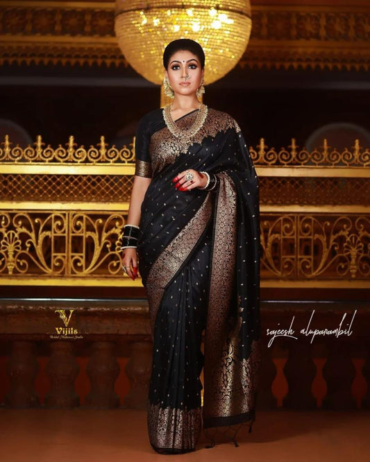 Black Color Banarasi Soft Silk Saree With Blouse Piece