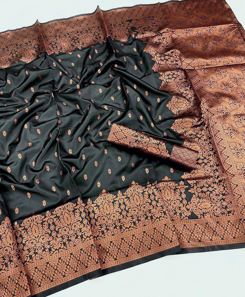 Black Color Banarasi Soft Silk Saree With Blouse Piece
