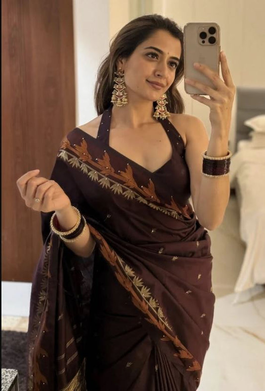 Dashing Brown Soft Banarasi Silk Saree With Blouse Piece