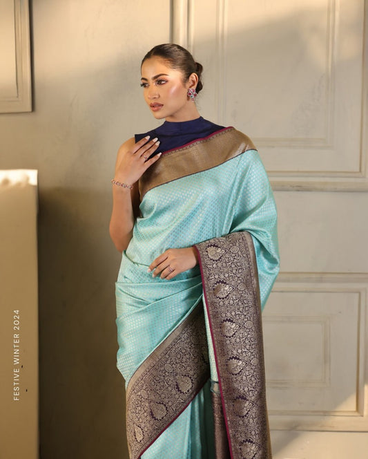 Trending Sky Blue Color Banarasi Soft Silk Saree With Blouse Piece