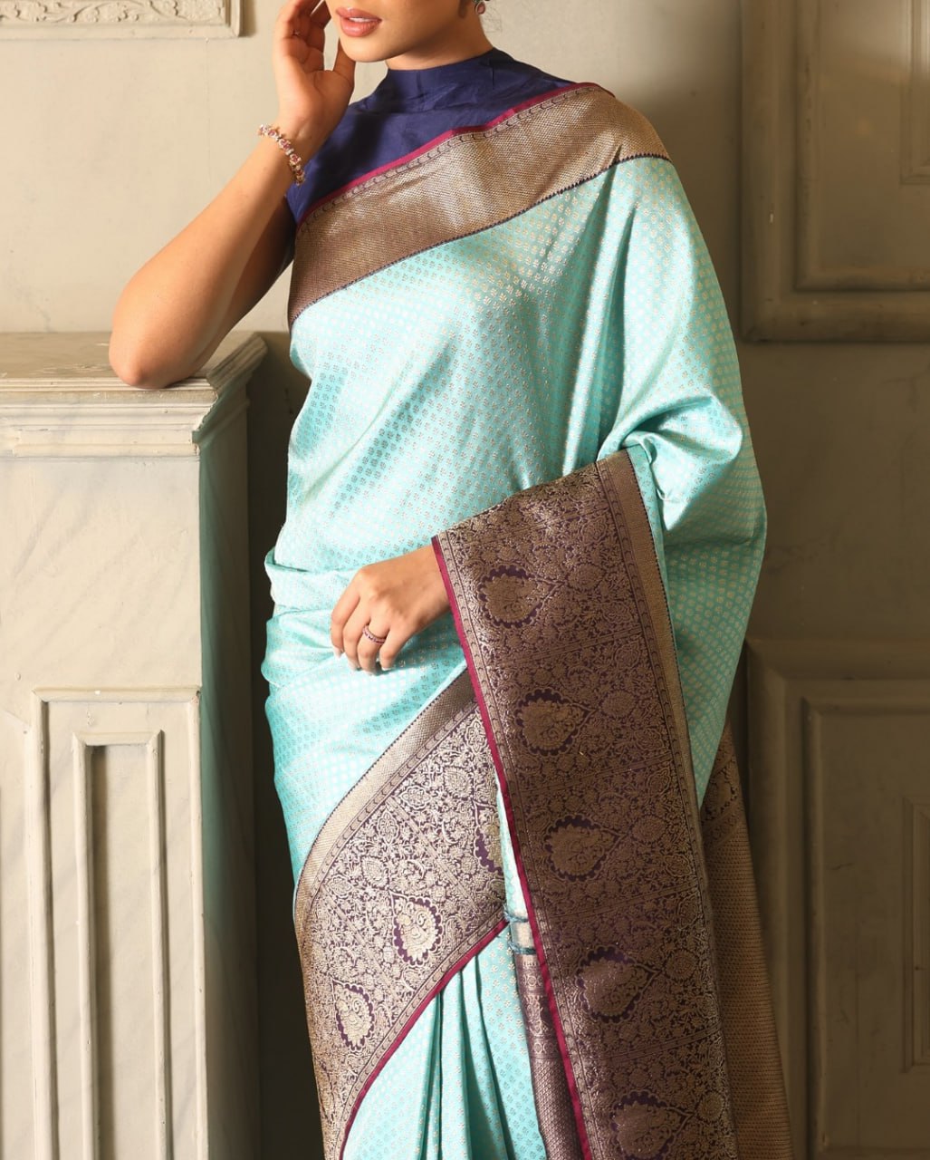Trending Sky Blue Color Banarasi Soft Silk Saree With Blouse Piece