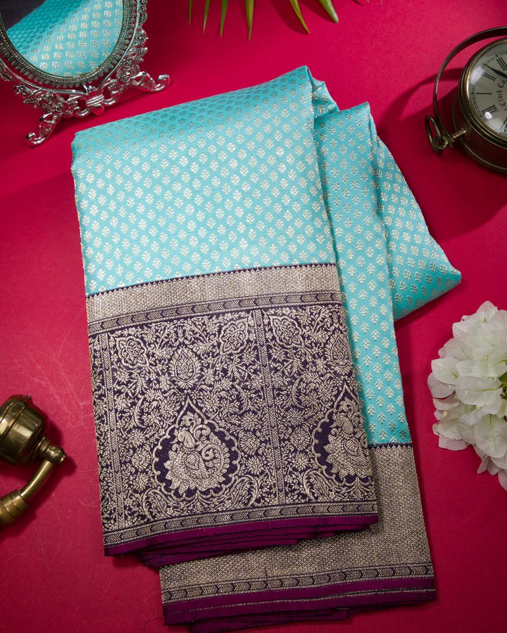 Trending Sky Blue Color Banarasi Soft Silk Saree With Blouse Piece