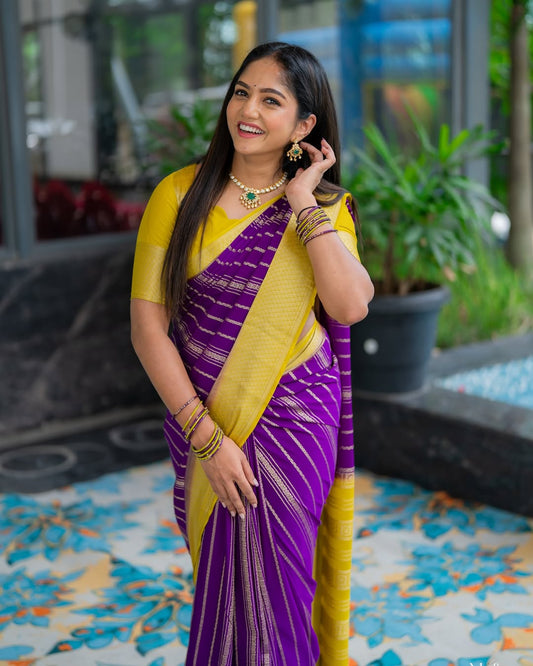 Designer Purple Color Banarasi Soft Silk Saree With Blouse Piece