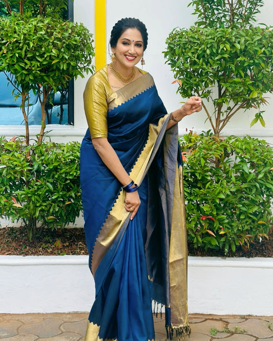 Teal Color Banarasi Soft Silk Saree With Blouse Piece