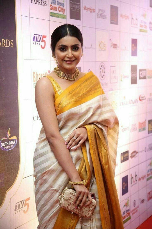 Awesome Yellow Banarasi Soft Silk Saree With Blouse Piece