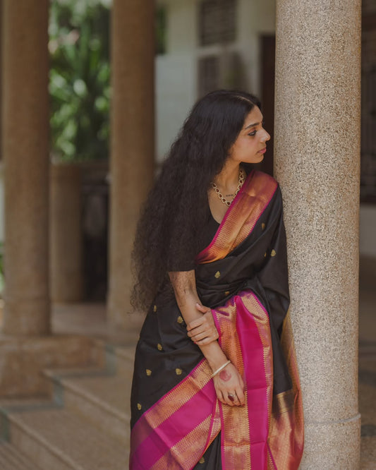 Party Wear Black Banarasi Soft Silk Saree With Blouse Piece