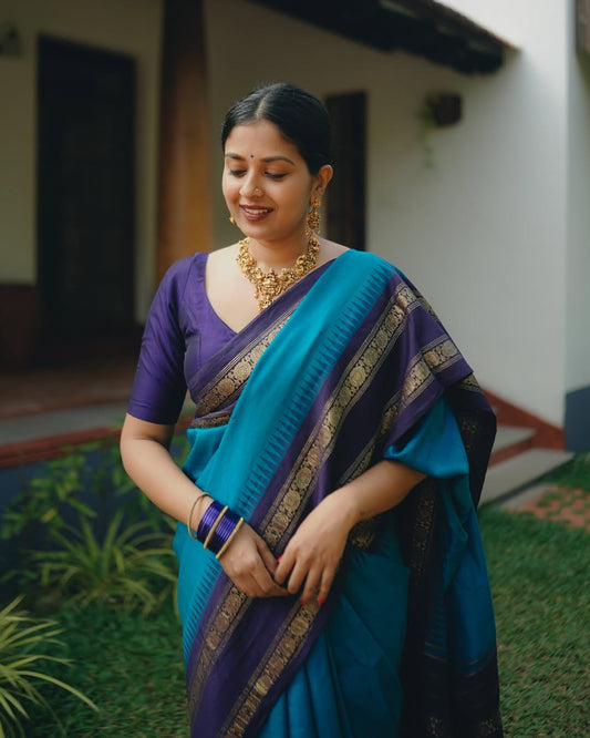 Blue Banarasi Soft Silk Saree With Blouse Piece