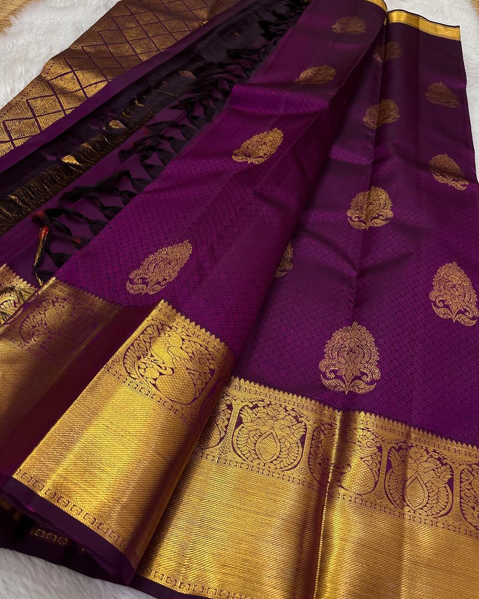 New Purple Banarasi Soft Silk Saree With Blouse Piece
