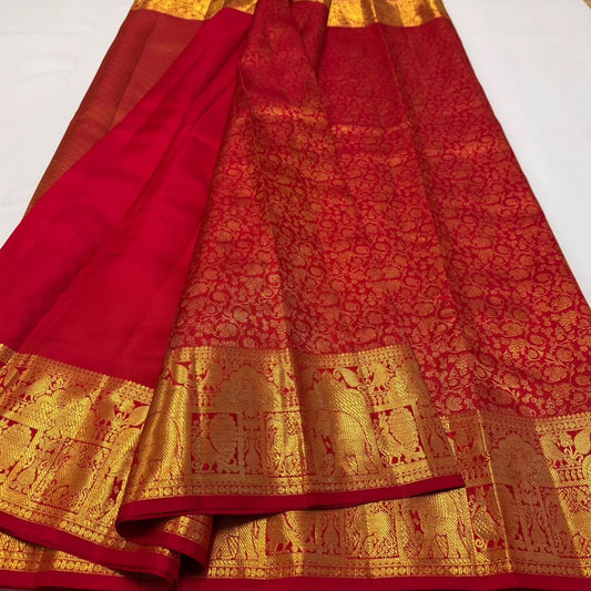 Outstanding Red Banarasi Soft Silk Saree With Blouse Piece