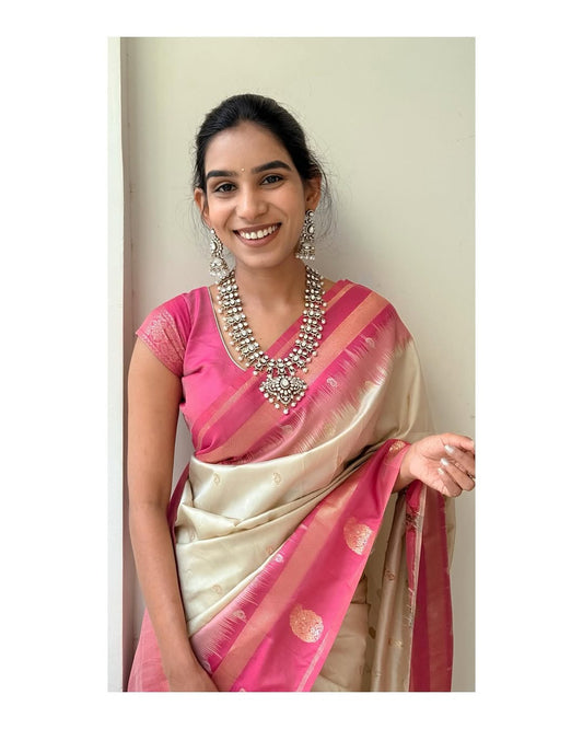 Attractive White And Pink  Banarasi Soft Silk Saree With Blouse Piece