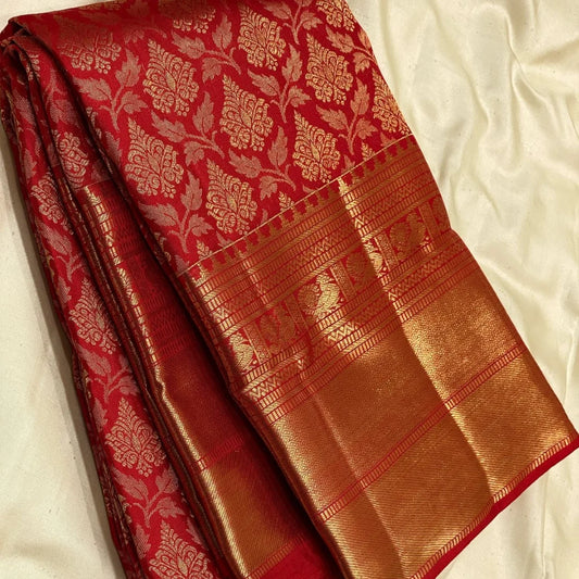 Attractive Red Banarasi Soft Silk Saree With Blouse Piece