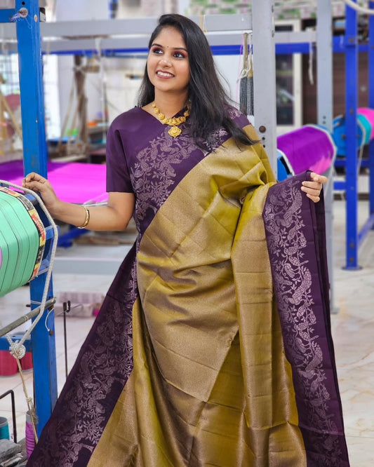 Demanding Mustard Banarasi Soft Silk Saree With Blouse Piece