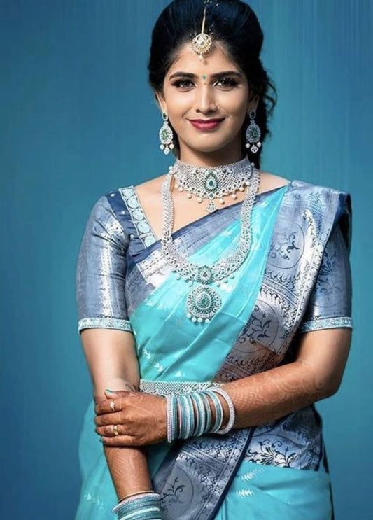 Marvellous Sky Blue Banarasi Soft Silk Saree With Blouse Piece