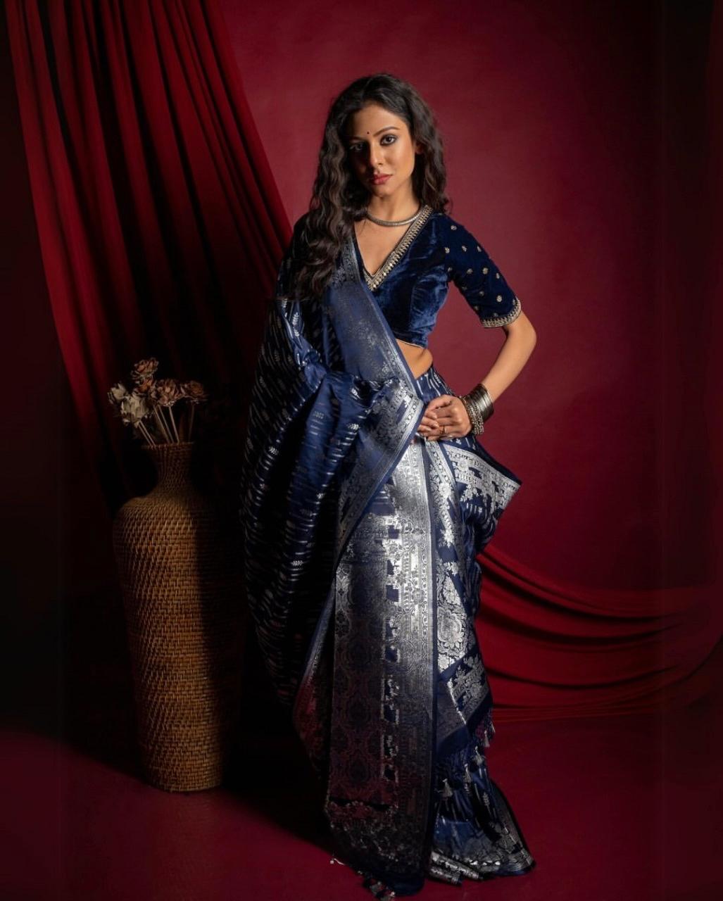 Blue Color Banarasi Soft Silk Saree With Blouse Piece