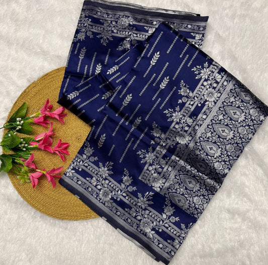Blue Color Banarasi Soft Silk Saree With Blouse Piece