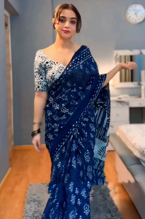 Beautiful 1-Minute Ready To Wear Blue Cotton Saree