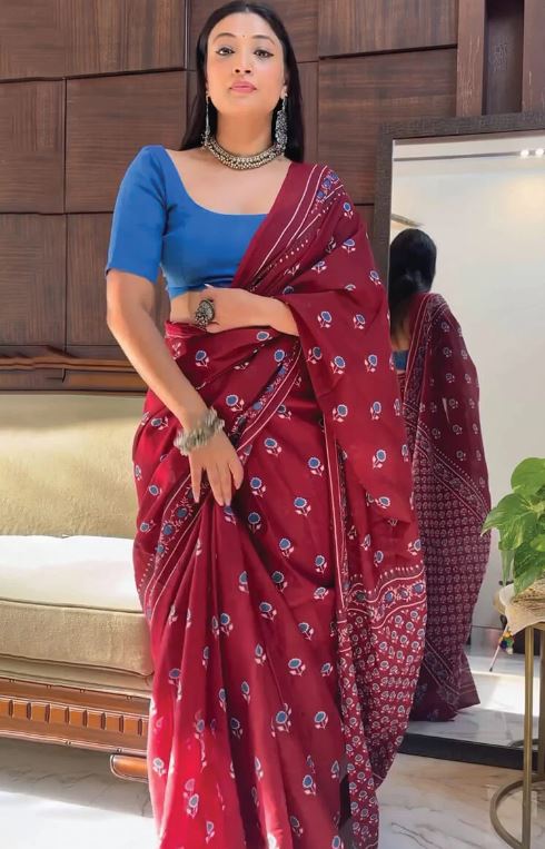 Dashing 1-Minute Ready To Wear Maroon Cotton Saree