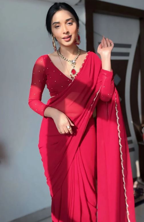 Arresting 1-Minute Ready To Wear Red Georgette Saree