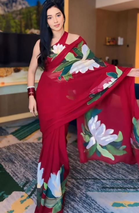 Amazing 1-Minute Ready To Wear Red Georgette Saree