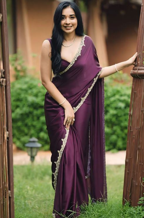 Admire 1-Minute Ready To Wear Wine Satin Silk Saree